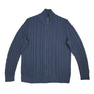 LL Bean Cable Knit Fisherman Sweater Full Zip Navy Blue Size L Preppy Nautical